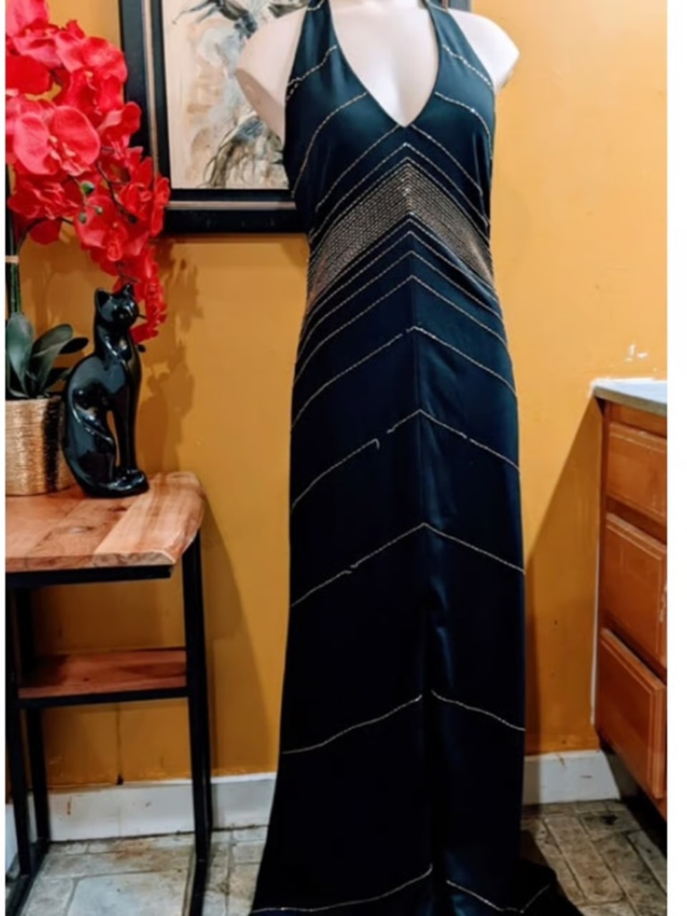 De Laru black maxi sleeveless vneck gown with gold beading detail  De Laru Long
